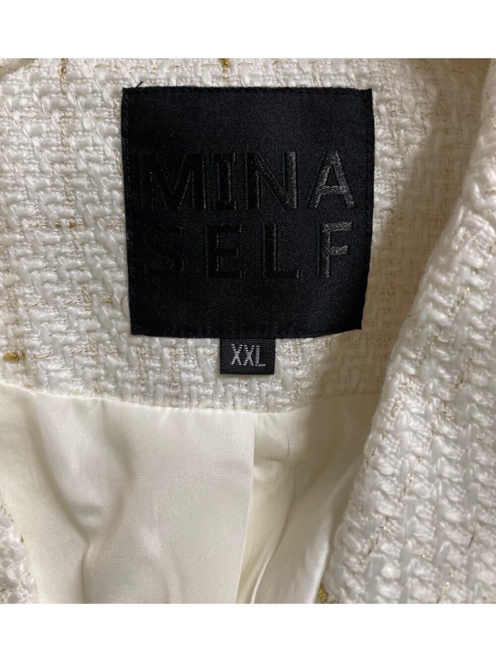 Mina Self Tweed Blazer Jacket Size XXL Ivory Gold Thread Plaid Double Breasted - Picture 9 of 12